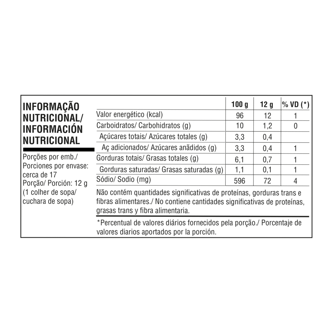 Tabela nutricional — Maionese Calcutá