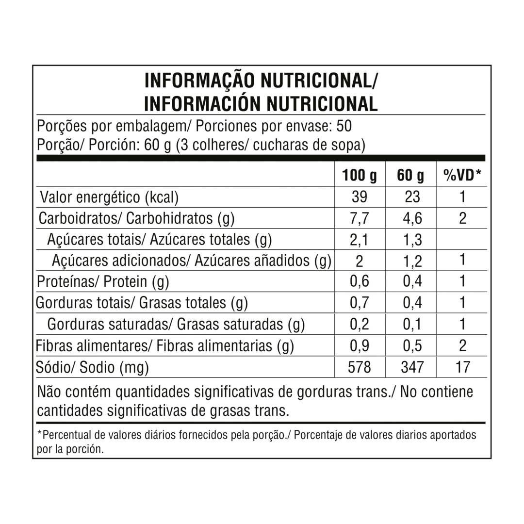 Tabela nutricional — Molho de Tomate Tradicional com Pedaços D'ajuda